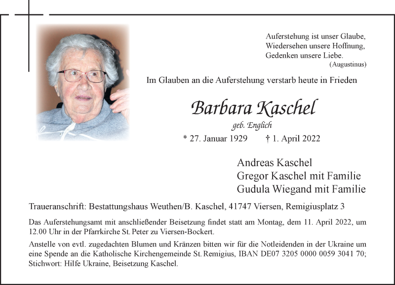  Traueranzeige für Barbara Kaschel vom 09.04.2022 aus Rheinische Post