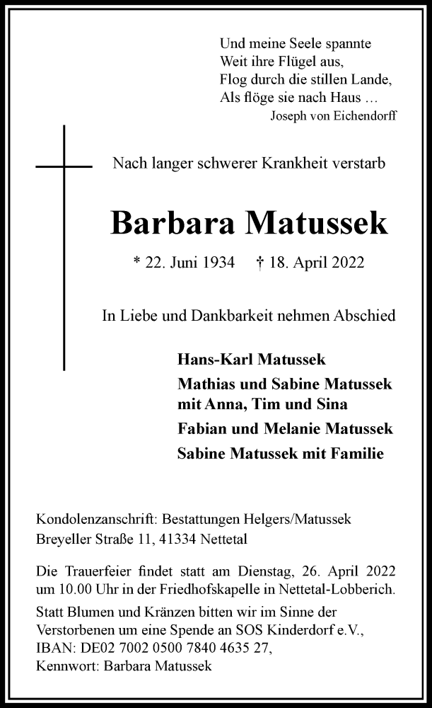  Traueranzeige für Barbara Matussek vom 23.04.2022 aus Rheinische Post