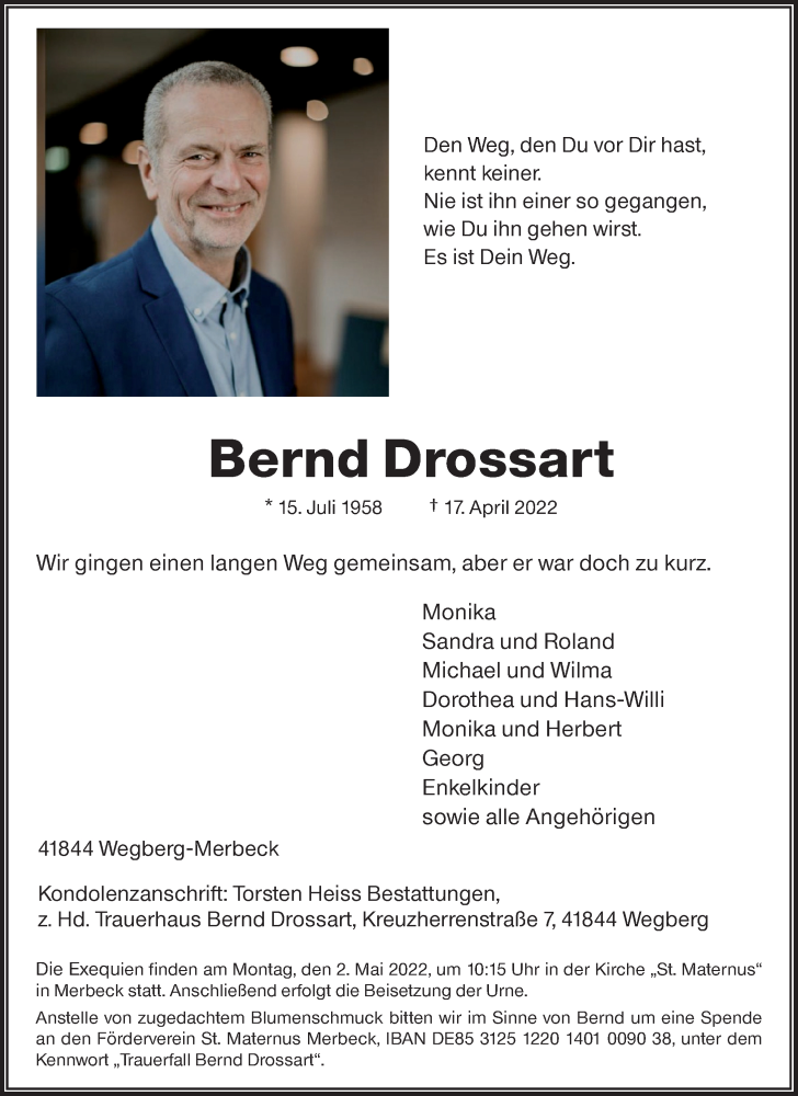  Traueranzeige für Bernd Drossart vom 23.04.2022 aus Rheinische Post