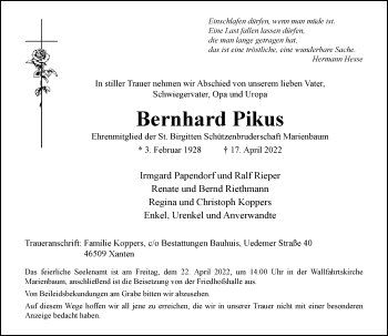 Traueranzeige von Bernhard Pikus von Rheinische Post