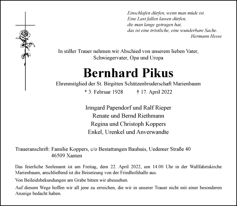  Traueranzeige für Bernhard Pikus vom 20.04.2022 aus Rheinische Post