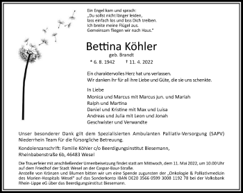 Traueranzeige von Bettina Köhler von Rheinische Post