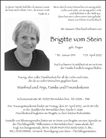 Traueranzeige von Brigitte vom Stein von Rheinische Post