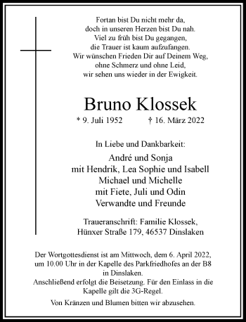 Traueranzeige von Bruno Klossek von Rheinische Post