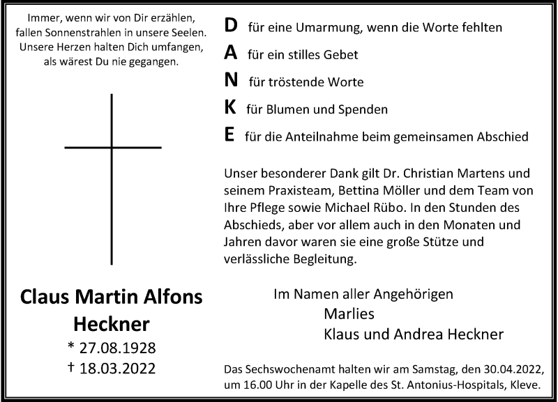  Traueranzeige für Claus Martin Alfons Heckner vom 23.04.2022 aus Rheinische Post