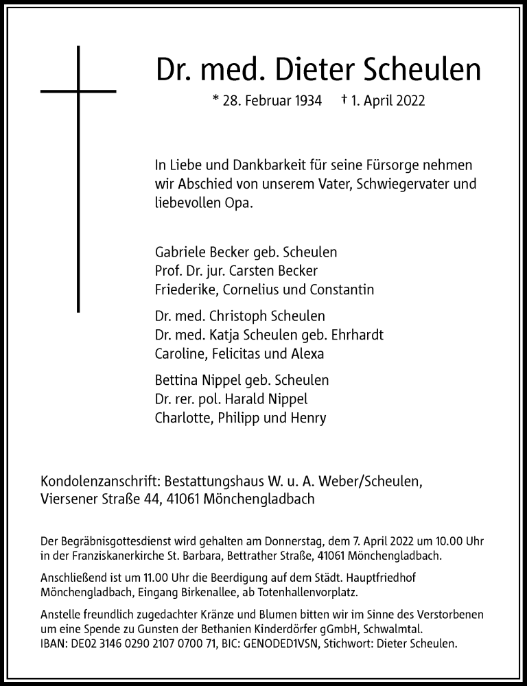  Traueranzeige für Dieter Scheulen vom 02.04.2022 aus Rheinische Post