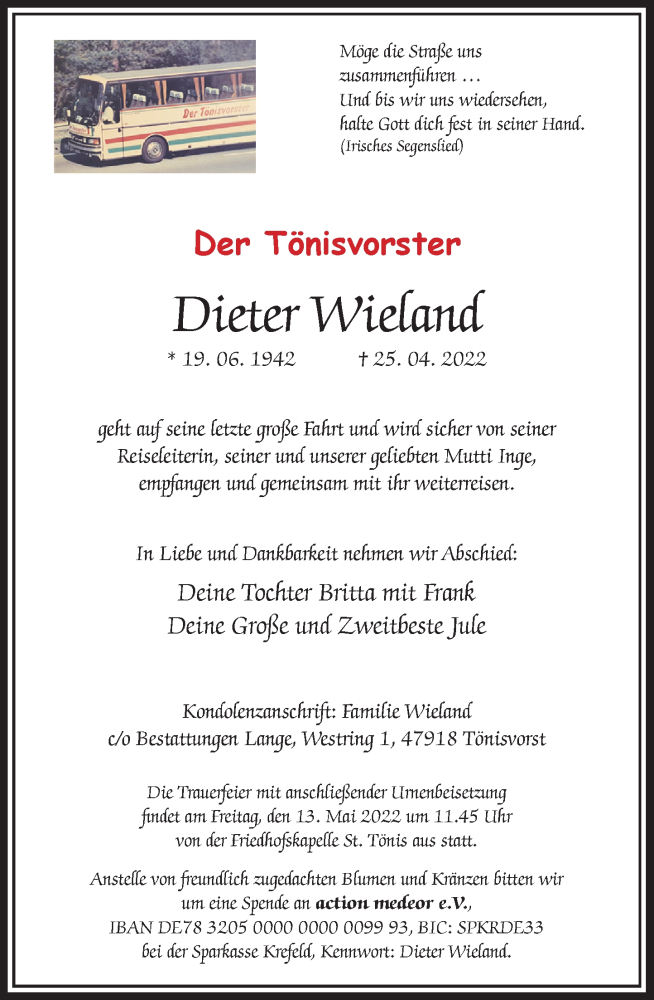  Traueranzeige für Dieter Wieland vom 30.04.2022 aus Rheinische Post