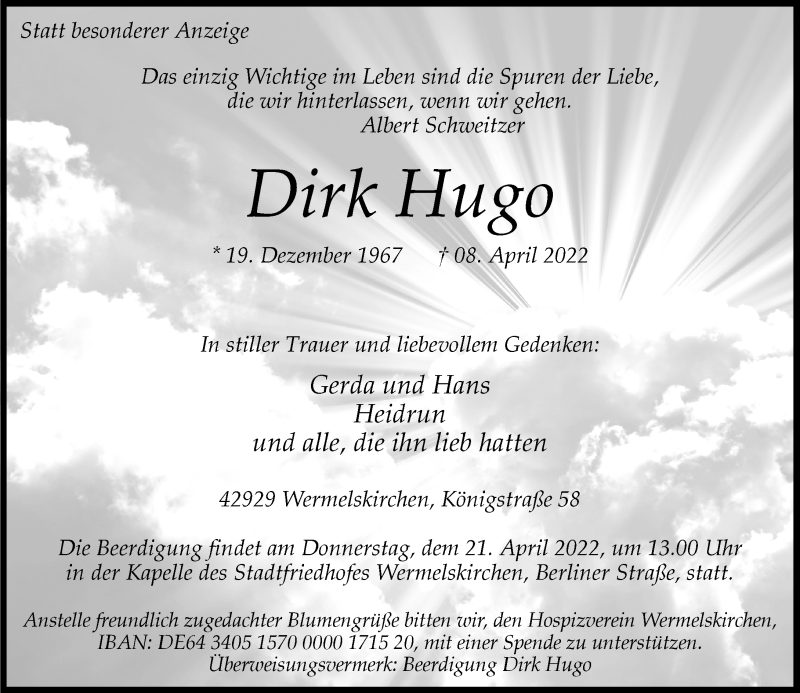  Traueranzeige für Dirk Hugo vom 16.04.2022 aus Rheinische Post