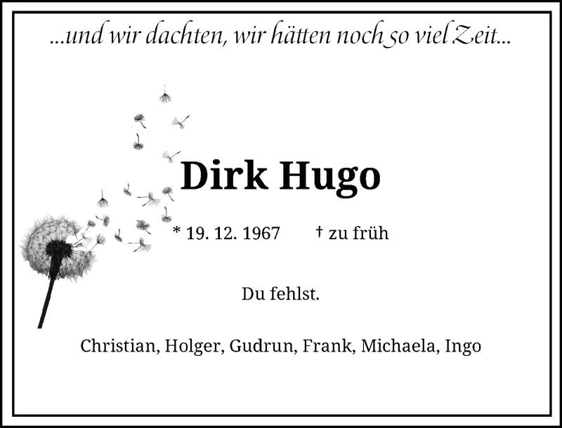  Traueranzeige für Dirk Hugo vom 22.04.2022 aus Rheinische Post