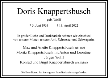 Traueranzeige von Doris Knappertsbusch von Rheinische Post