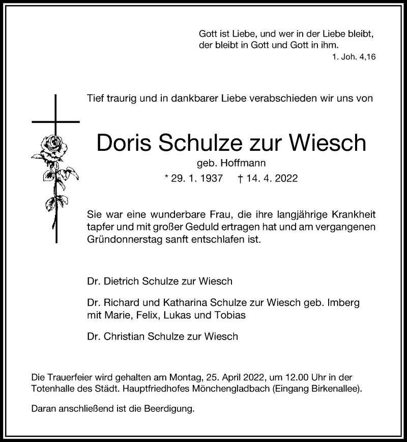  Traueranzeige für Doris Schulze zur Wiesch vom 20.04.2022 aus Rheinische Post