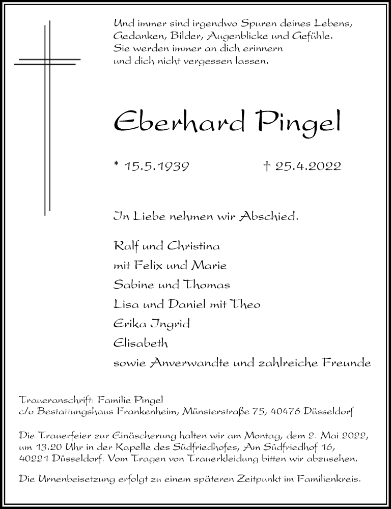  Traueranzeige für Eberhard Pingel vom 30.04.2022 aus Rheinische Post