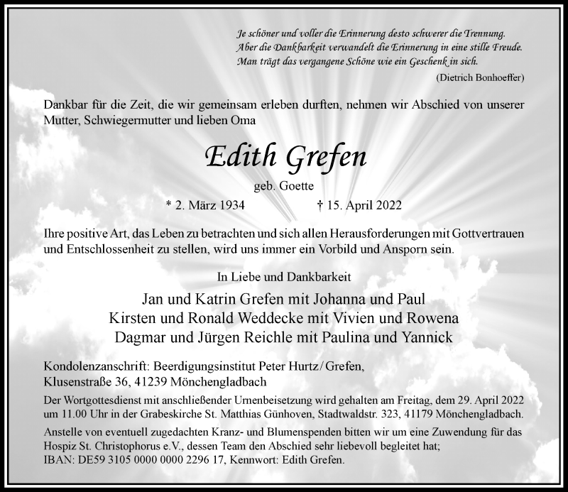  Traueranzeige für Edith Grefen vom 23.04.2022 aus Rheinische Post