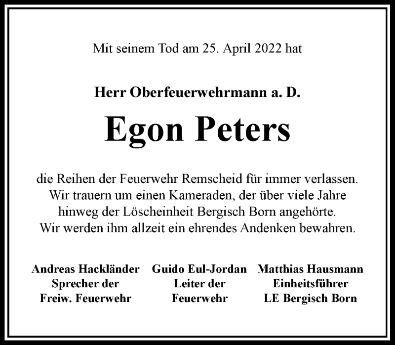  Traueranzeige für Egon Peters vom 30.04.2022 aus Rheinische Post