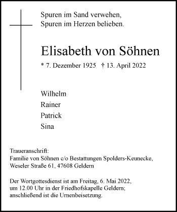 Traueranzeige von Elisabeth von Söhnen von Rheinische Post