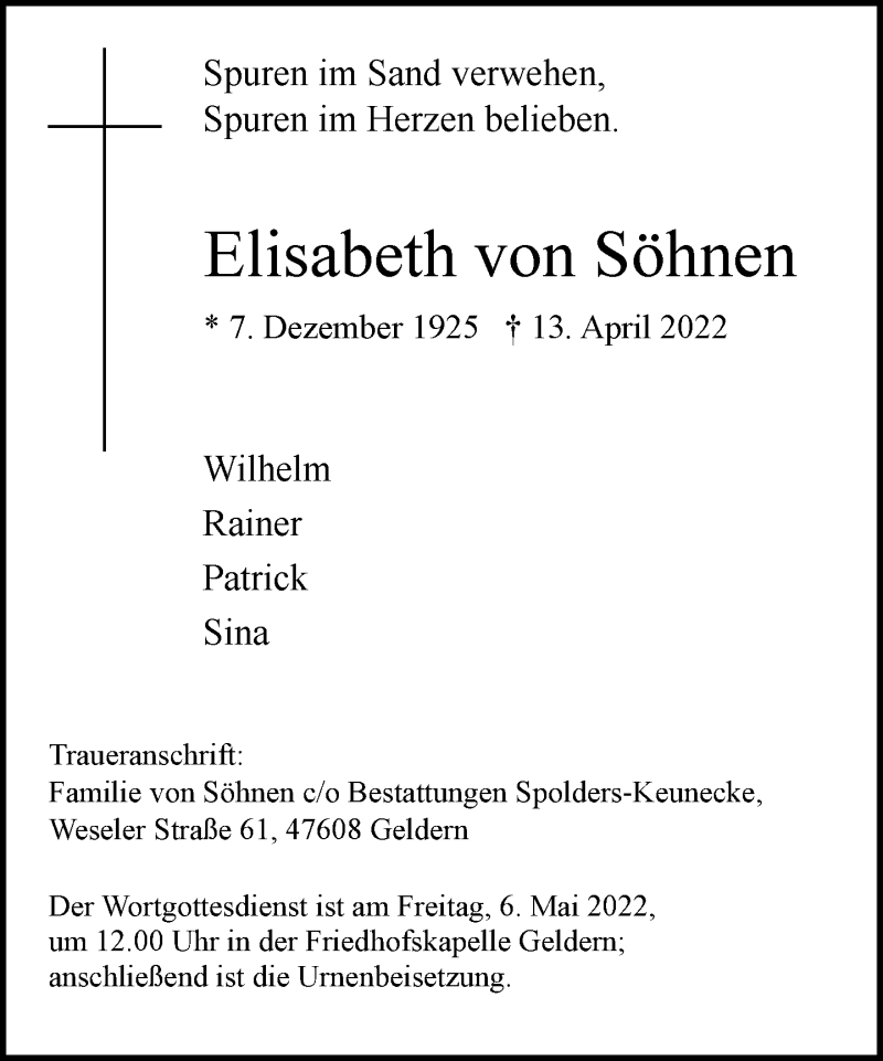  Traueranzeige für Elisabeth von Söhnen vom 30.04.2022 aus Rheinische Post