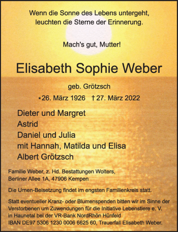 Traueranzeige von Elisabeth Sophie Weber von Rheinische Post