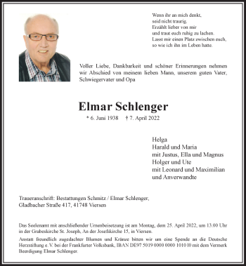 Traueranzeige von Elmar Schlenger von Rheinische Post
