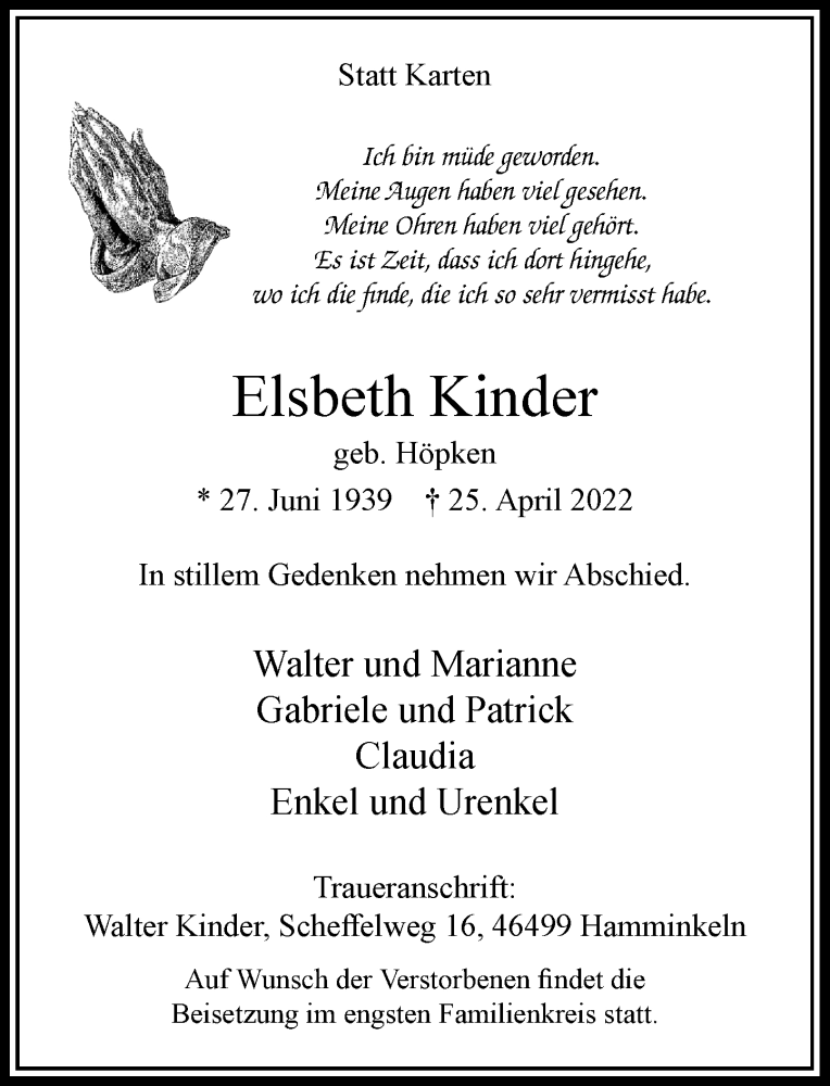  Traueranzeige für Elsbeth Kinder vom 27.04.2022 aus Rheinische Post