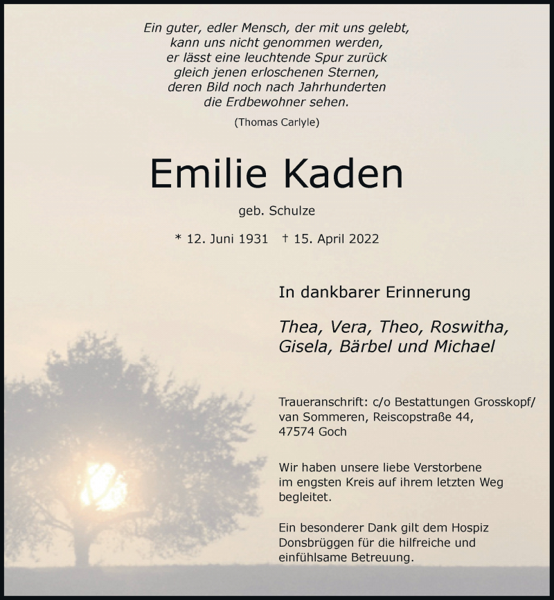  Traueranzeige für Emilie Kaden vom 23.04.2022 aus Rheinische Post
