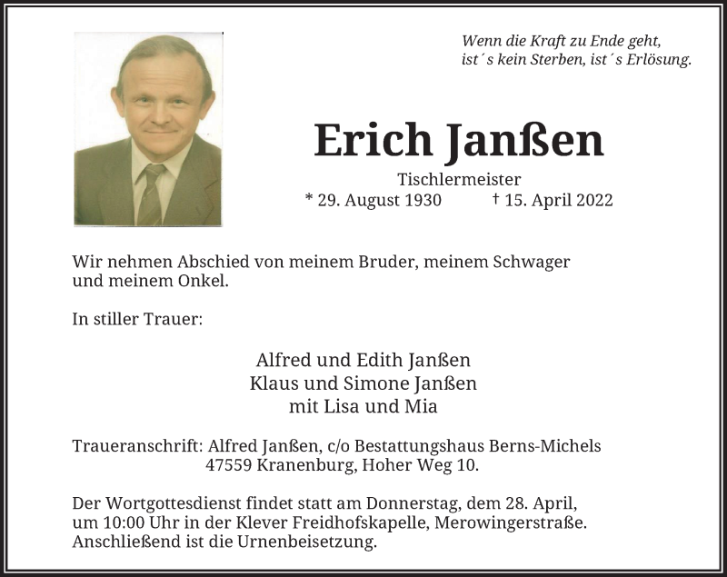  Traueranzeige für Erich Janßen vom 23.04.2022 aus Rheinische Post