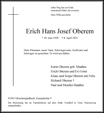 Traueranzeige von Erich Hans Josef Oberem von Rheinische Post
