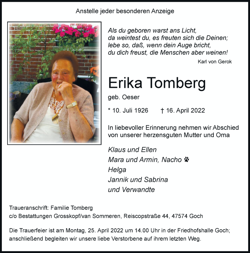  Traueranzeige für Erika Tomberg vom 23.04.2022 aus Rheinische Post