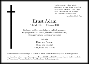 Traueranzeige von Ernst Adam von Rheinische Post