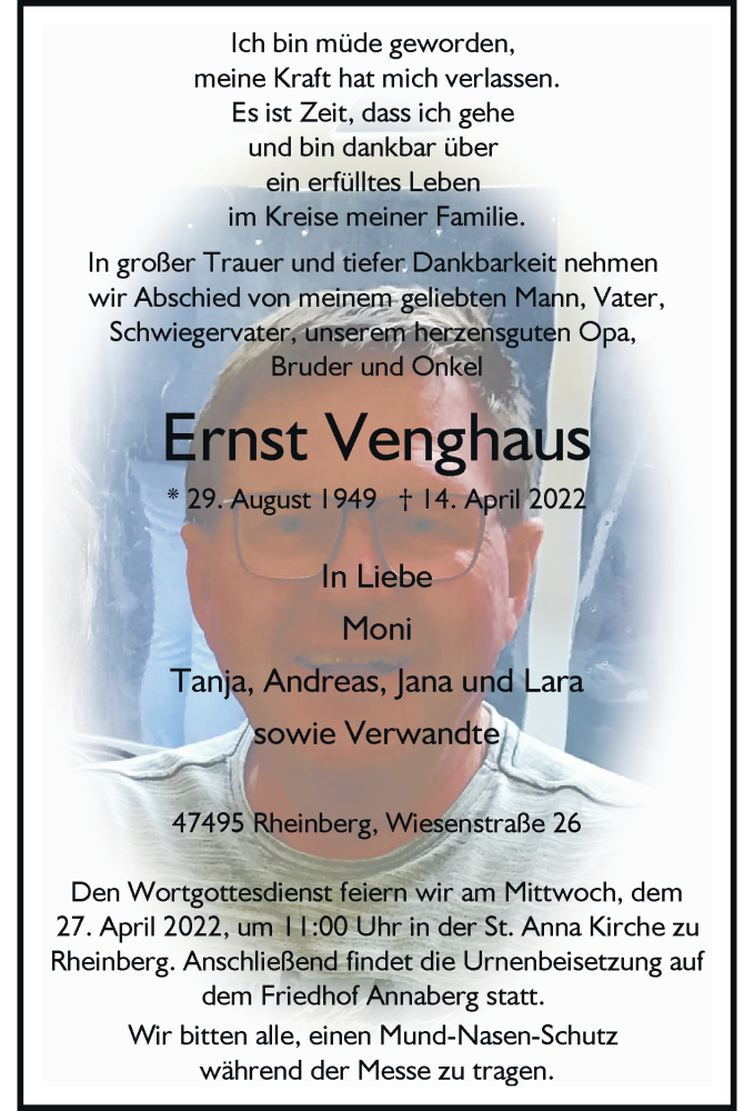  Traueranzeige für Ernst Venghaus vom 23.04.2022 aus Rheinische Post