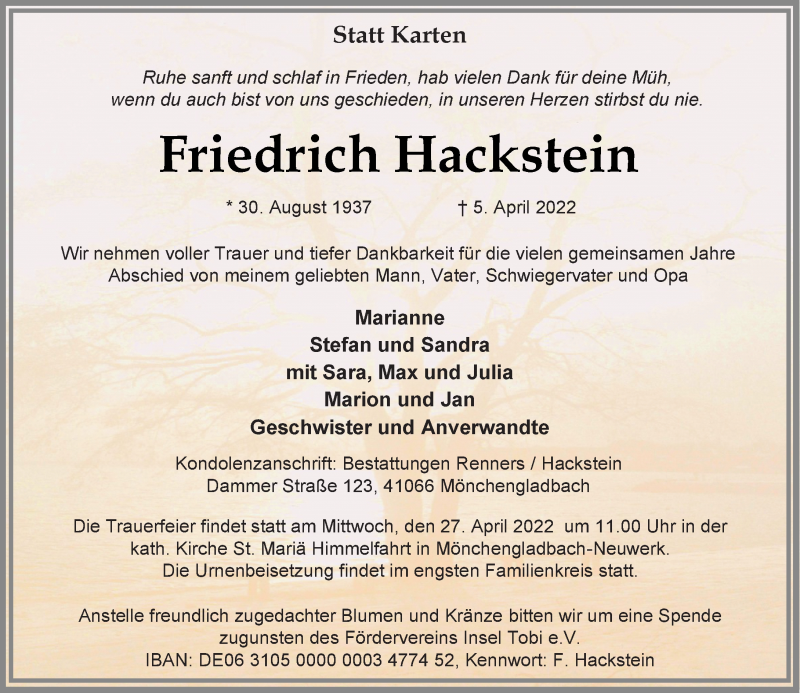  Traueranzeige für Friedrich Hackstein vom 16.04.2022 aus Rheinische Post