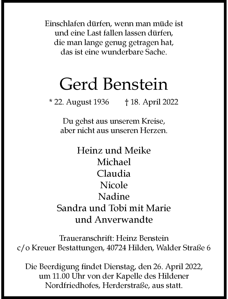  Traueranzeige für Gerd Benstein vom 23.04.2022 aus Rheinische Post