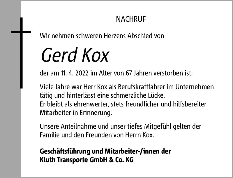  Traueranzeige für Gerd Kox vom 30.04.2022 aus Rheinische Post