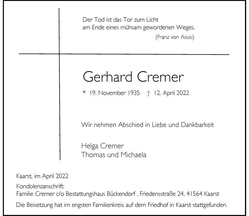  Traueranzeige für Gerhard Cremer vom 23.04.2022 aus Rheinische Post