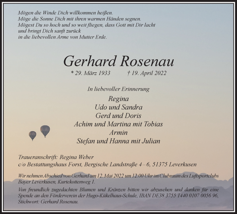  Traueranzeige für Gerhard Rosenau vom 30.04.2022 aus Rheinische Post