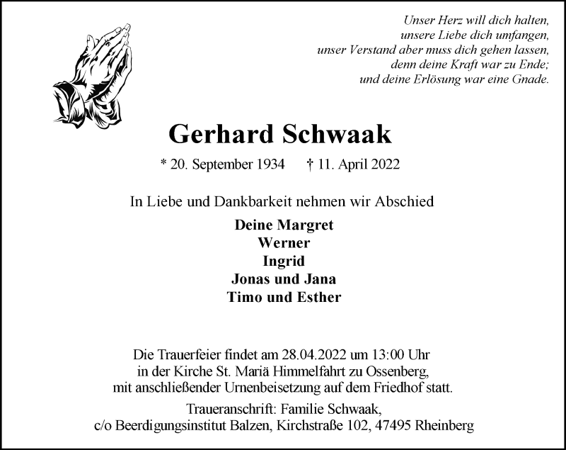  Traueranzeige für Gerhard Schwaak vom 20.04.2022 aus Rheinische Post