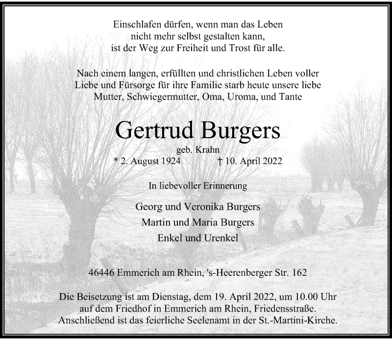  Traueranzeige für Gertrud Burgers vom 16.04.2022 aus Rheinische Post