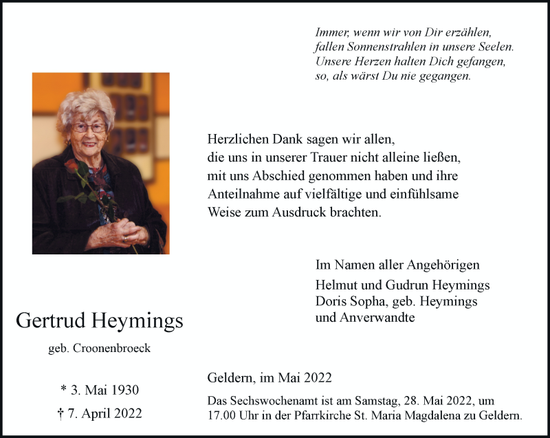  Traueranzeige für Gertrud Heymings vom 21.05.2022 aus Rheinische Post