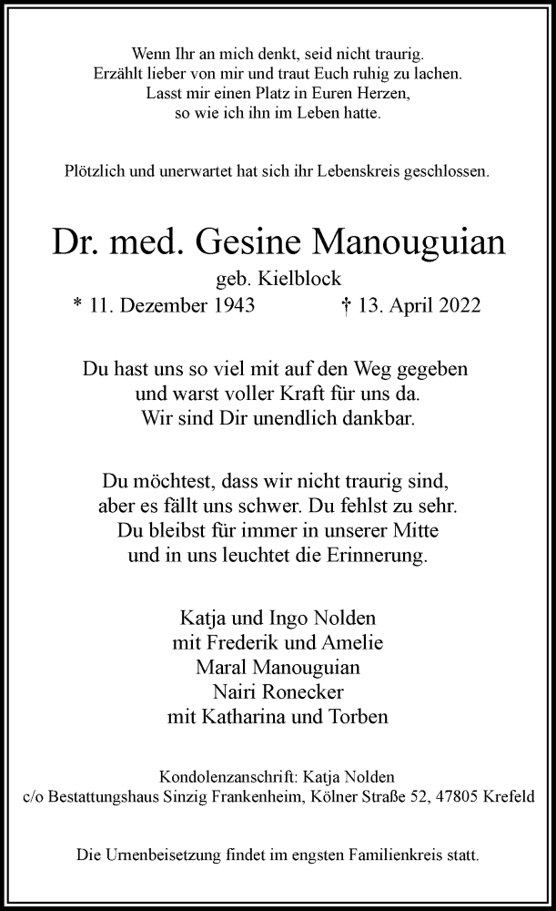  Traueranzeige für Gesine Manouguian vom 23.04.2022 aus Rheinische Post