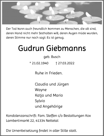 Traueranzeige von Gudrun Giebmanns von Rheinische Post