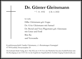 Traueranzeige von Günter Gleitsmann von Rheinische Post