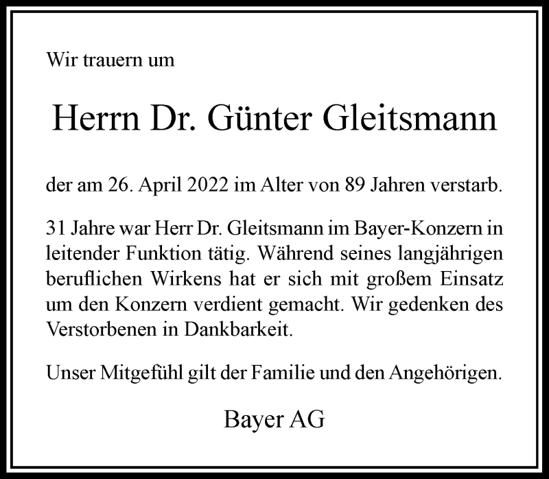  Traueranzeige für Günter Gleitsmann vom 03.05.2022 aus Rheinische Post