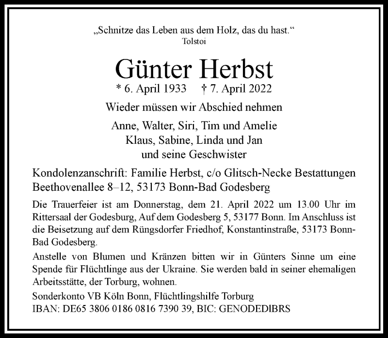  Traueranzeige für Günter Herbst vom 16.04.2022 aus Rheinische Post