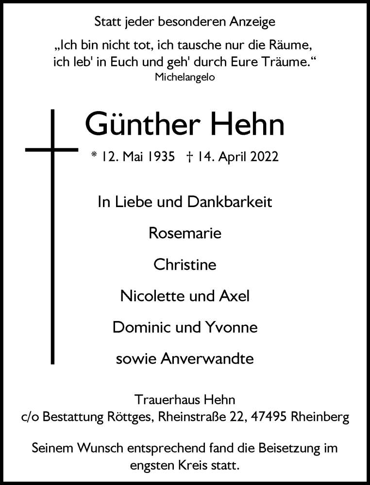  Traueranzeige für Günther Hehn vom 23.04.2022 aus Rheinische Post