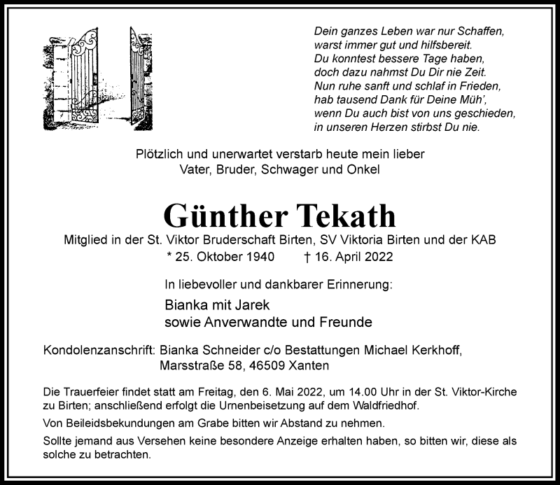  Traueranzeige für Günther Tekath vom 21.04.2022 aus Rheinische Post