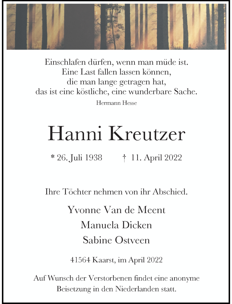  Traueranzeige für Hanni Kreutzer vom 23.04.2022 aus Rheinische Post