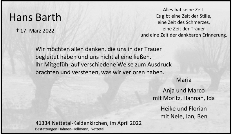  Traueranzeige für Hans Barth vom 23.04.2022 aus Rheinische Post