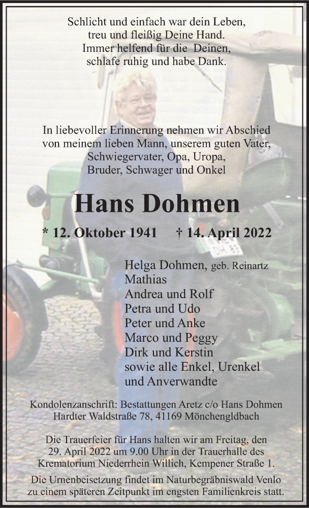  Traueranzeige für Hans Dohmen vom 23.04.2022 aus Rheinische Post