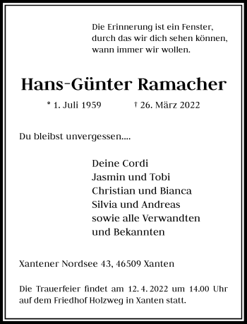 Traueranzeige von Hans-Günter Ramacher von Rheinische Post