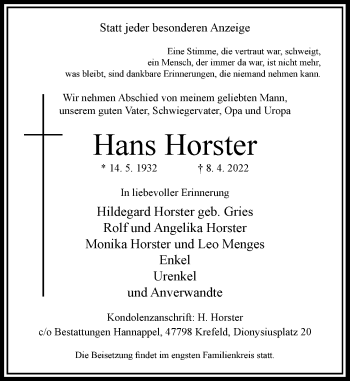 Traueranzeige von Hans Horster von Rheinische Post
