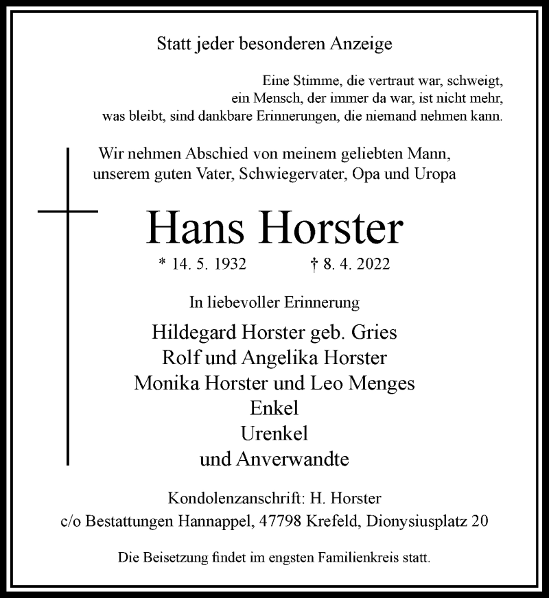  Traueranzeige für Hans Horster vom 16.04.2022 aus Rheinische Post